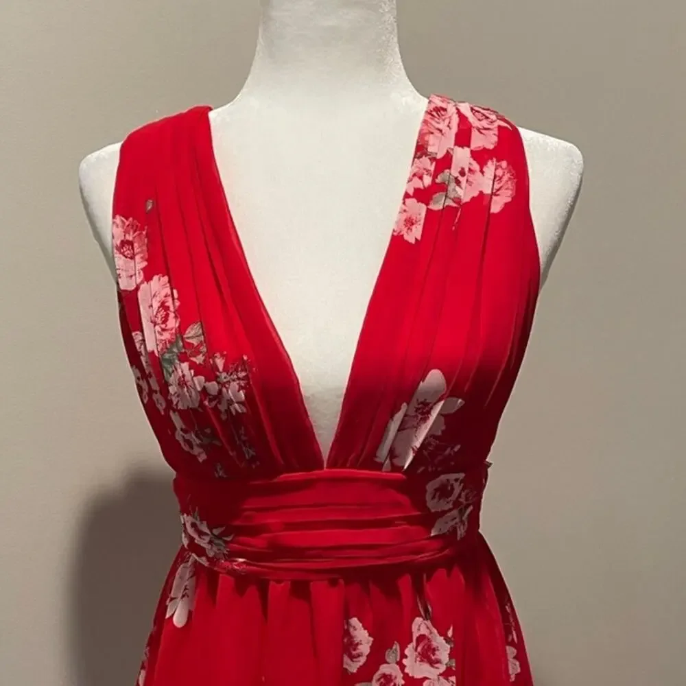 Lulus Milana Red Floral Mini Dress Sz S Ruched Plunge Neckline Flirty Party - Picture 8 of 16